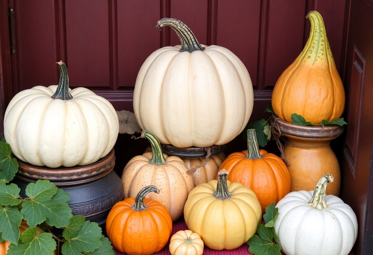 Pumpkins and gourds used as door decorations.