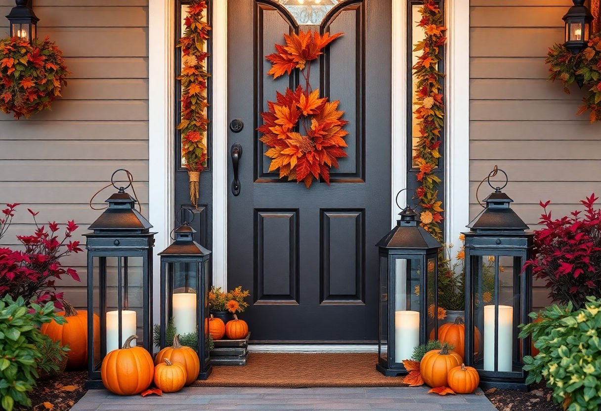 Lanterns placed around a decorative Thanksgiving door.