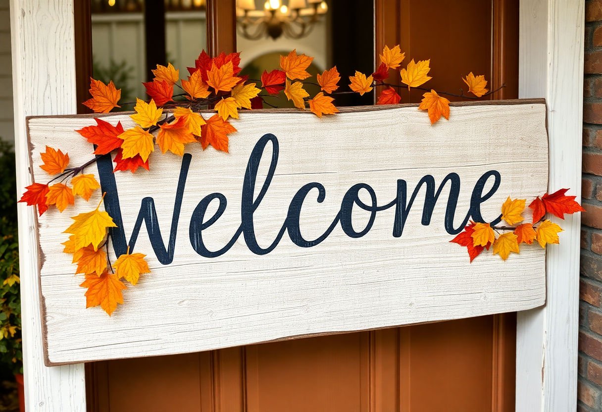 Welcome sign decorated with fall motifs.