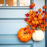 Thanksgiving themed door decoration with autumn leaves and pumpkins.