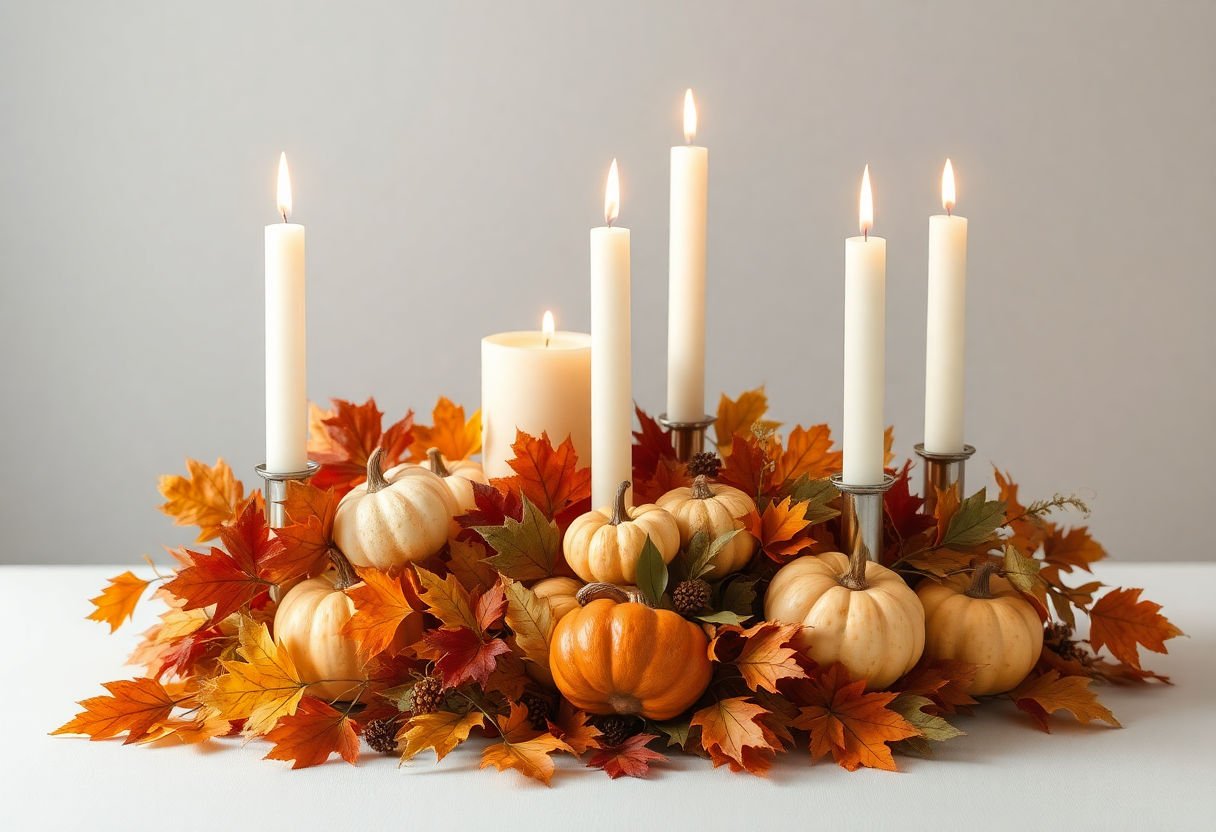 Thanksgiving centerpiece with candles and leaves