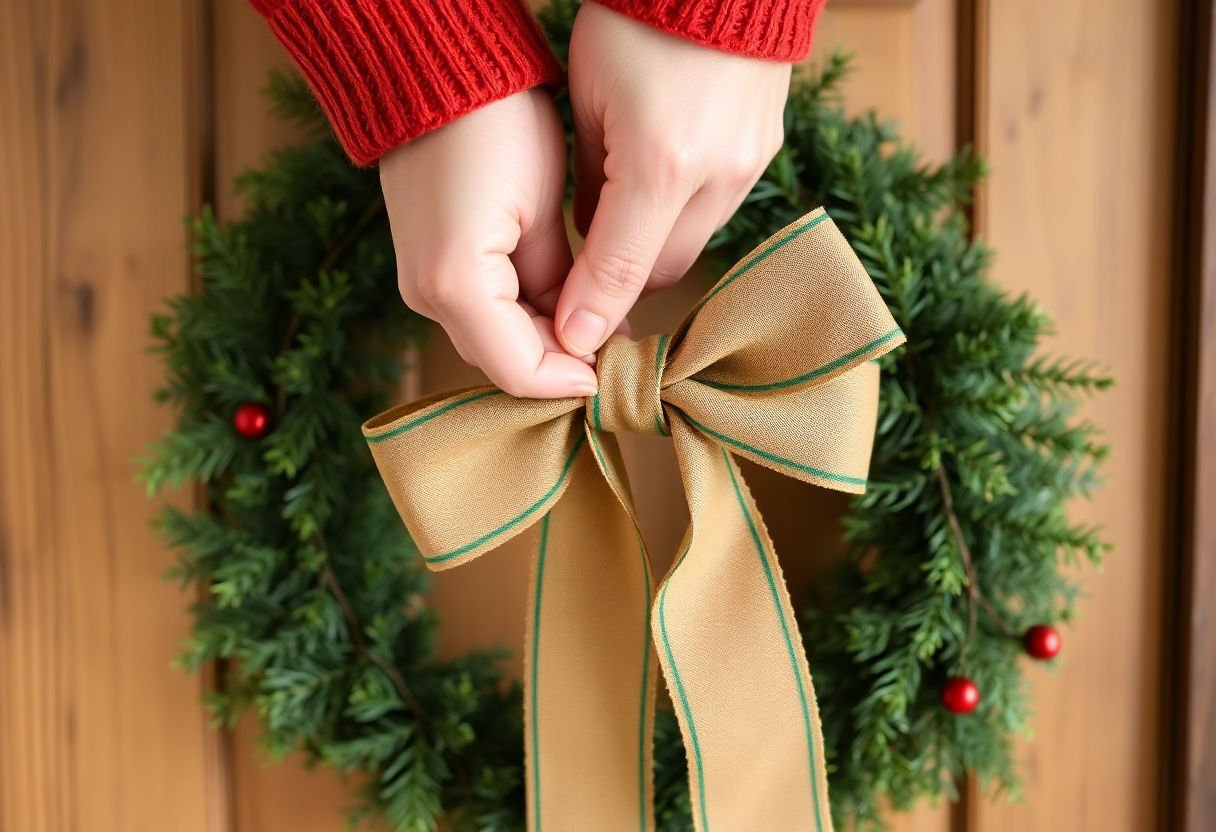 Hand tying a bow on a wreath.