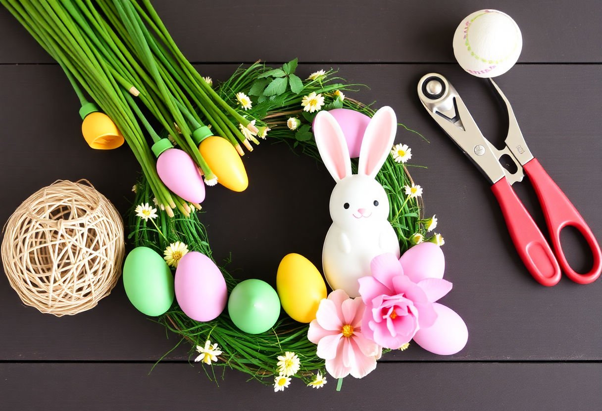 Easter wreath crafting materials.