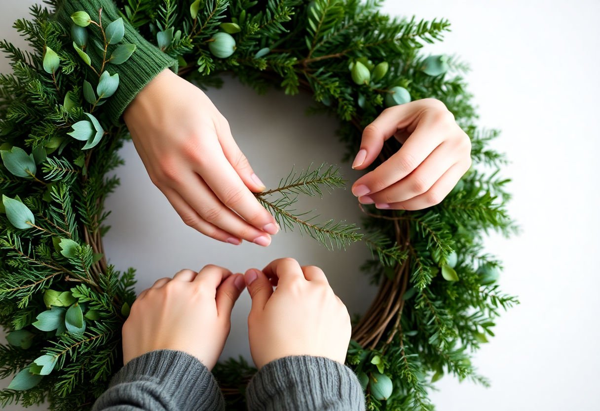 Hand placing greenery on a wreath.