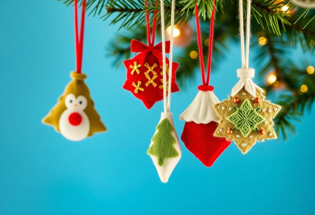 Classic felt ornaments hanging on a Christmas tree