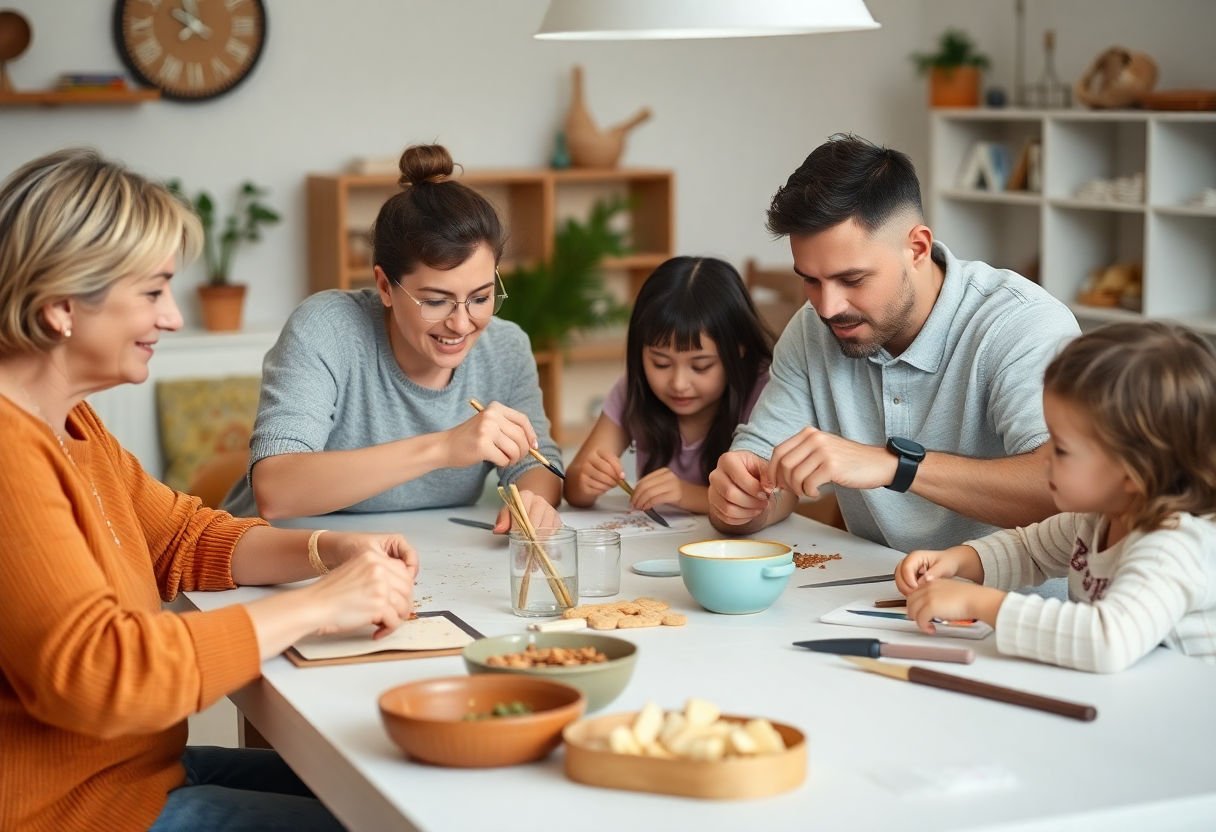 Family members gathered around a table crafting