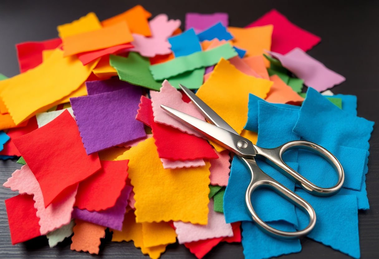 A pile of colorful felt pieces with scissors and thread