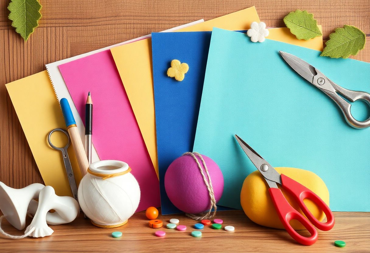 Craft supplies including felt sheets and sewing tools