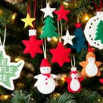 Handcrafted felt Christmas decorations displayed on a festive tree