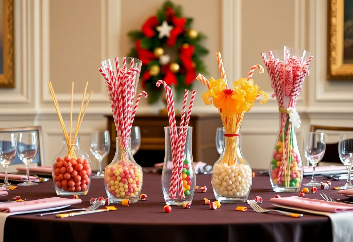 Candy centerpieces displayed on a dining table