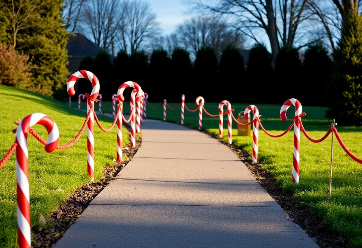 Candy cane pathway markers lining a walkway