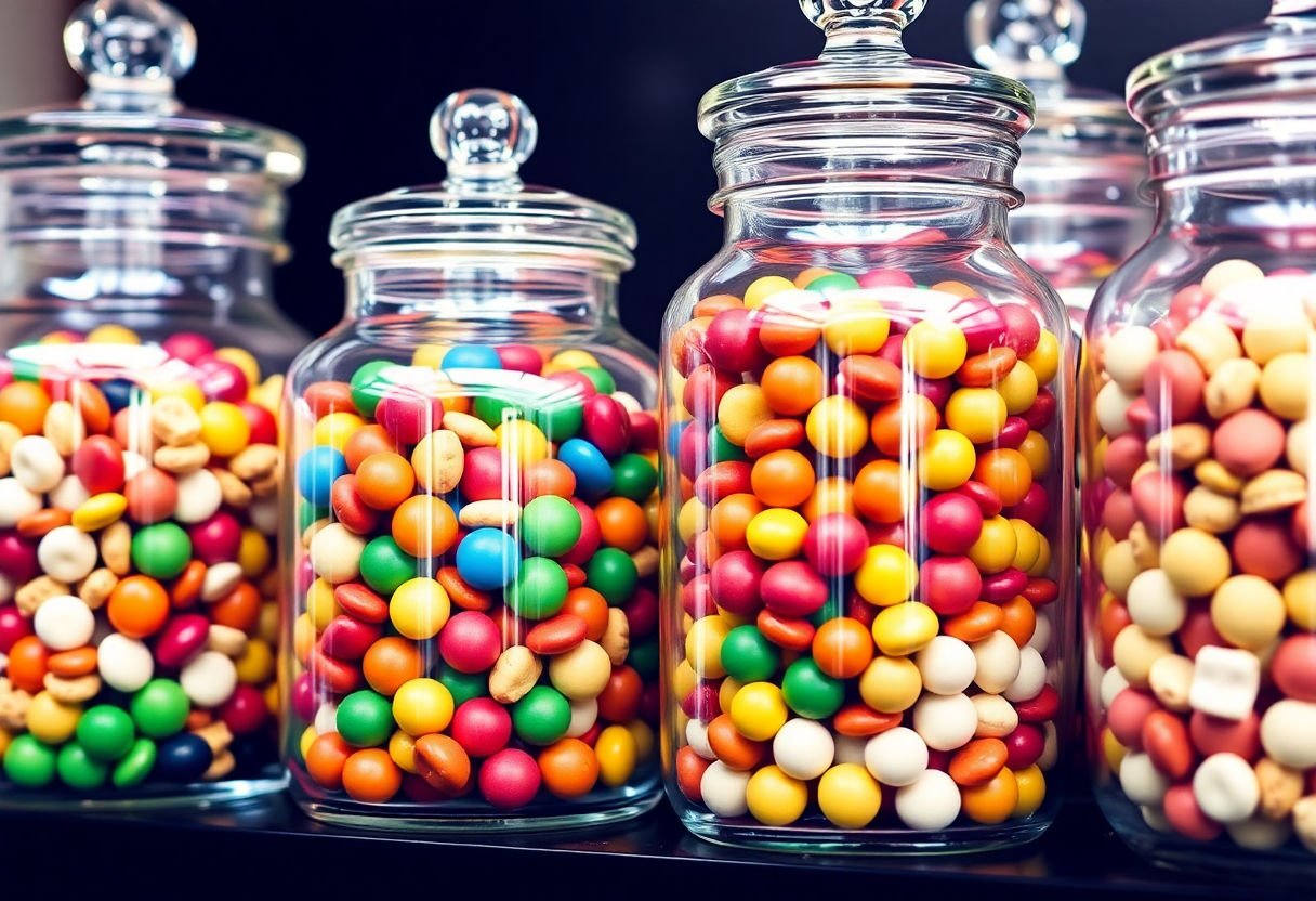 Candy jars filled with colorful sweets
