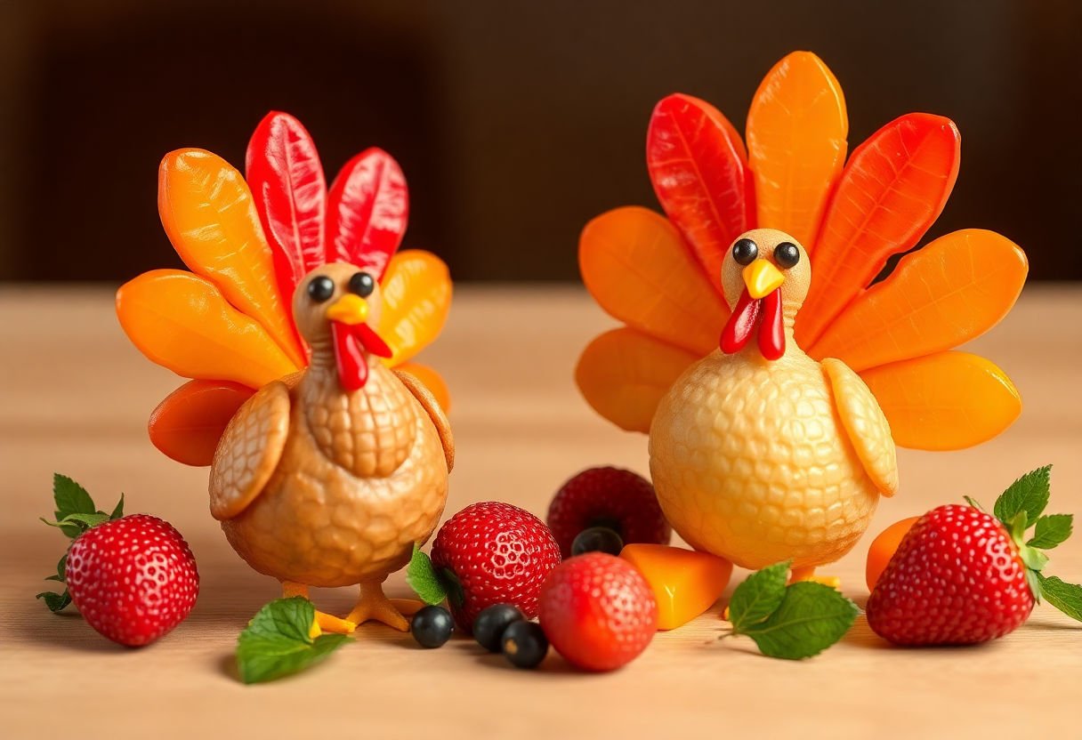 Edible turkey decorations made from fruits