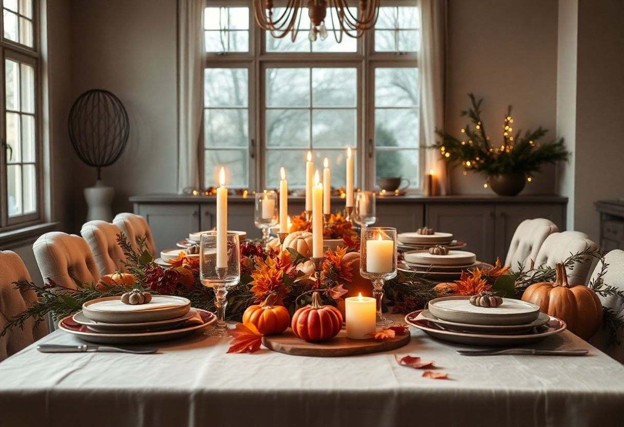 Thanksgiving table adorned with soft lighting