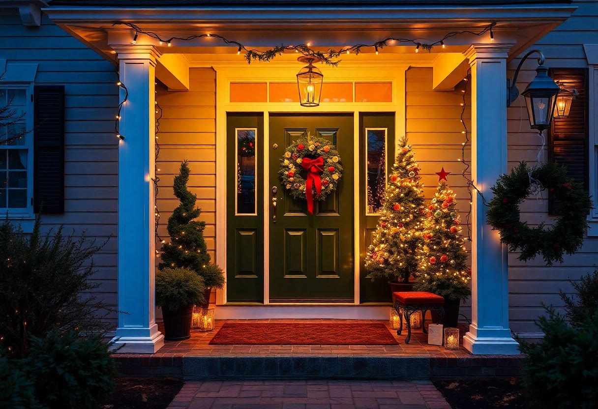 String lights on a decorated doorstep