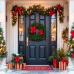 Front door decorated with Christmas ornaments and wreaths