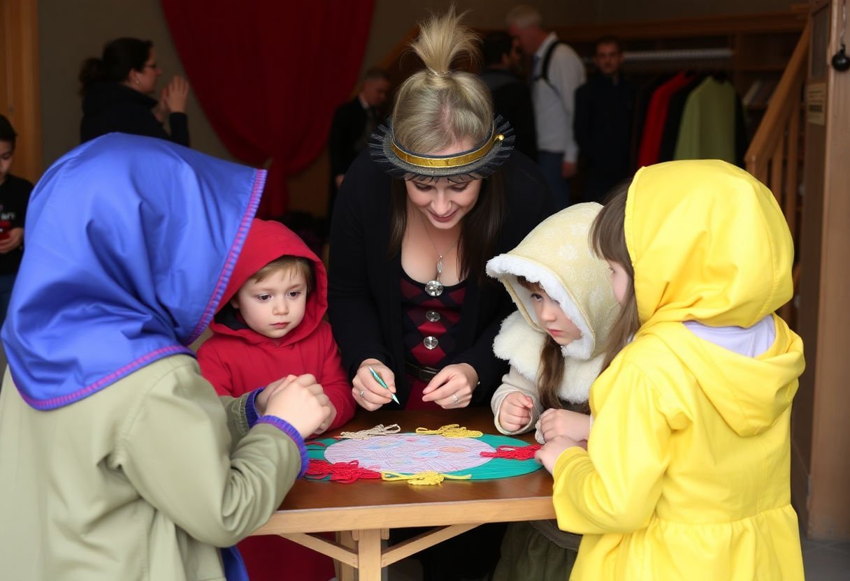 Children engaging in costume creation with adult supervision