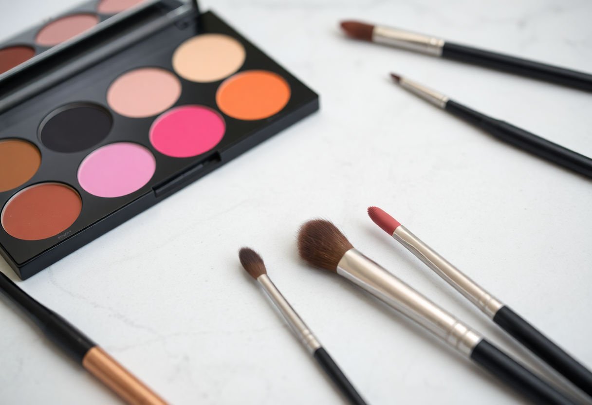 Makeup palette and brushes used for creating Halloween looks