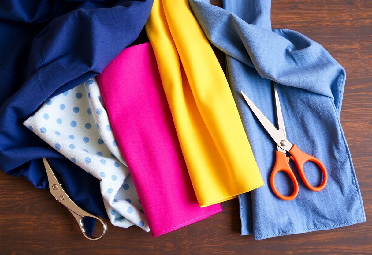 A collection of fabrics and scissors, ready for creating no-sew costumes
