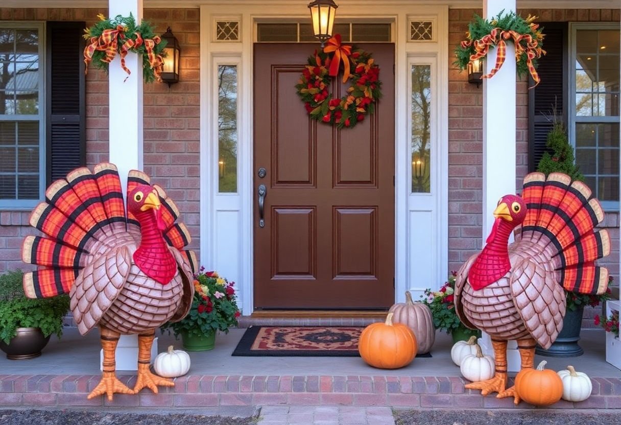 Outdoor turkey decorations on a porch