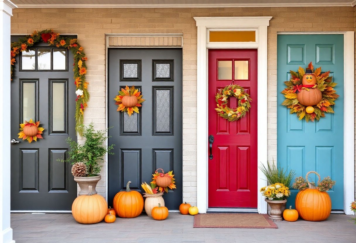 Various themes for Thanksgiving door decor