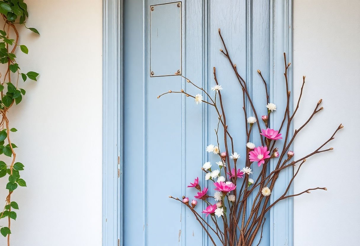 Natural elements like branches and flowers in door decor