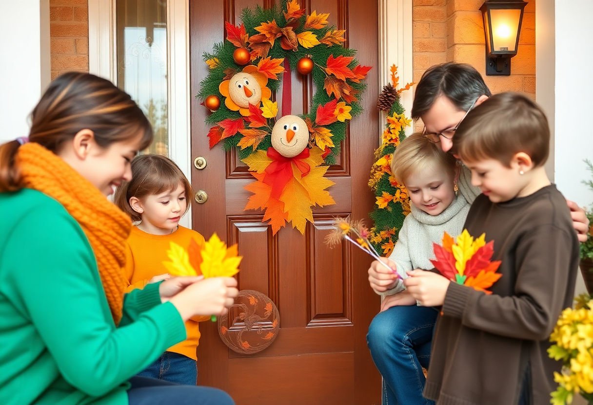 Family making Thanksgiving crafts for door decoration