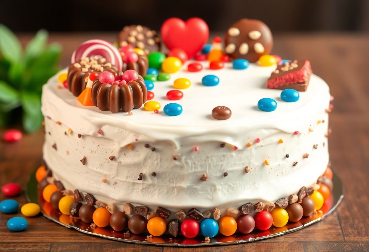 Cake decorated with candies and chocolates
