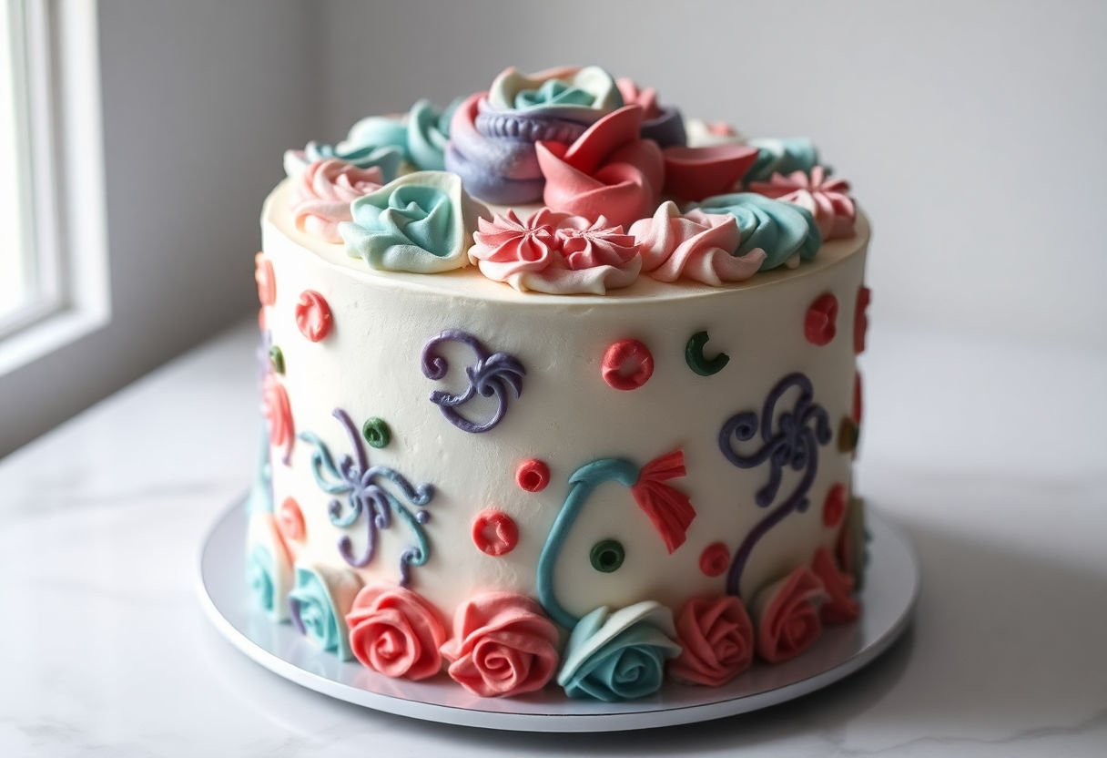 Cake with artistic icing patterns