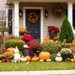 Festive Thanksgiving yard decor outside a house.